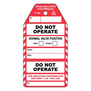 Do Not Operate 2 part Valve tag (Pack of 50)